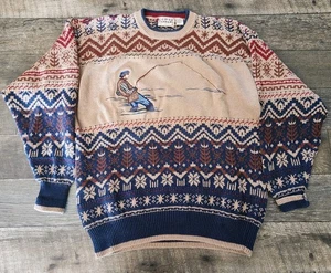 Vintage Fly Fishing Sweater Mens Large Knit Nordic AOP 90s Embroidered Cotton - Bild 1 von 11