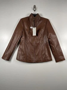 BNWT Cole Haan Womens Full Zip Faux Leather Biker Jacket Brown Sz XS - Picture 1 of 14