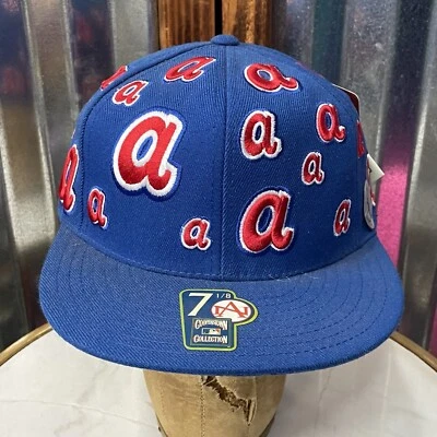 ATLANTA BRAVES All Over Logo Blue American Needle Fitted 7 1/8 Hat New W/ Tag - Image 1 of 4