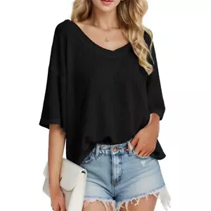 Women's V Neck Batwing Half Sleeve Shirts Waffle Knit Loose Blouse Solid Color - Picture 1 of 14