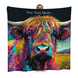 Personalised Colourful Highland Cow - Fleece Throw Blanket 150cm x 150cm - Picture 1 of 10