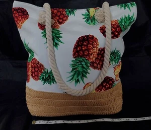 Tropical Pineapple Beach Tote Bag Rope Handles Canvas & Jute Bottom White - Picture 1 of 11