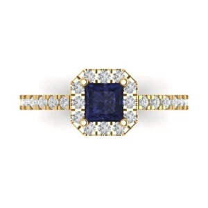 Anillo de compromiso con halo de zafiro azul simulado princesa de 0,89 quilates, oro amarillo de 14 quilates - Imagen 1 de 11