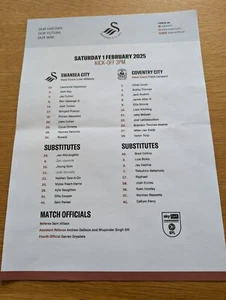 SWANSEA CITY v COVENTRY CITY OFFICIAL TEAMSHEET SEASON 2024-25 - Picture 1 of 2