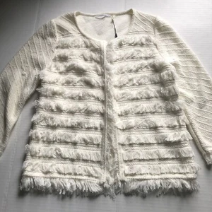Tahari Ivory White Fiona Fringe Cardigan Sweater Sz M A1558 - Picture 1 of 10
