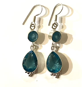 925 sterling silver turquoise teal teal blue ice drop dangle earrings 6.5g 2" - Picture 1 of 3