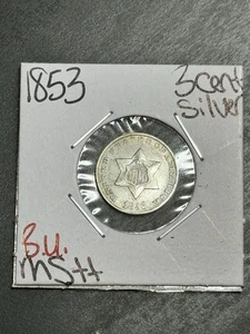 1853 Three 3 Cent Silver Piece BU Uncirculated MS+ Type Coin (Raw16763) - Picture 1 of 2