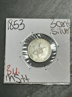 1853 Three 3 Cent Silver Piece BU Uncirculated MS+ Type Coin (Raw16763) - Image 1 of 2