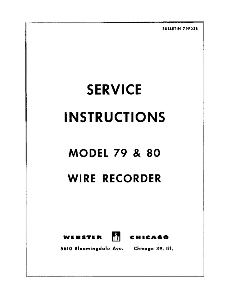 Grabadora de cables Webster Chicago 79 y 80 reimpresión manual de servicio: encuadernada en bobina 32 páginas Foto 1 de 1