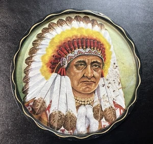 1960er Indianer Indianer Häuptling dekoratives bemaltes Metall Serviertablett 11 Zoll - Bild 1 von 8