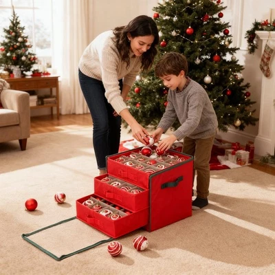Weihnachtskugel für 64 Kugeln Aufbewahrungsbox 4 Ebenen Aufbewahrungsbeutel Rot - Bild 1 von 4