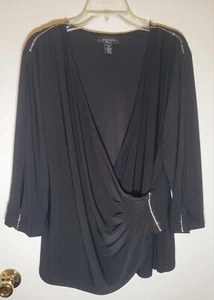 R&M RICHARDS 1X schwarze Bluse Strass Akzente Mock Wickel Urlaub elegant Glitzer - Bild 1 von 18