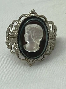 Cameo Filigree Scroll Adjustable band Ring Silver Tone Black & Clear Cameo - Picture 1 of 6