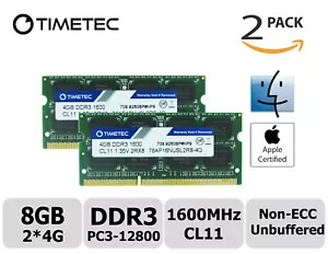 Timetec 2x4GB DDR3 1600MHz PC3-12800 Non-ECC 1.35V 2Rx8 SODIMM Apple Memory RAM - Picture 1 of 5