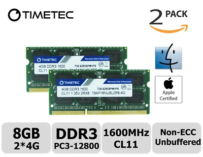 Timetec 2x4GB DDR3 1600MHz PC3-12800 Non-ECC 1.35V 2Rx8 SODIMM Apple Memory RAM - Image 1 of 4