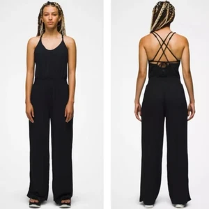 prAna Damen Fernie Jumpsuit Large schwarz gesmokte Taille Crinkle weites Bein Resort - Bild 1 von 10
