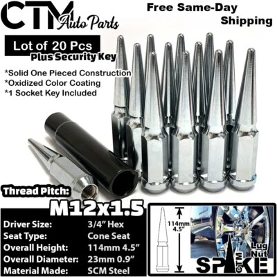 20x 4.5" Tall 12x1.5 Chrome Spike Lug Nut 3/4" Hex Fit Oldsmobile Saturn Mercury - Image 1 of 4