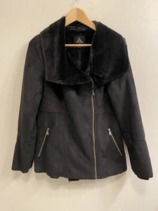 PRANA Women’s Size Medium Black Faux Suede Leather Fur Lined Moto Jacket - Picture 1 of 13