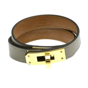Hermes Bangle Bracelet Kelly Double Tour Gray Leather Gold-tone T3 size - Picture 1 of 14