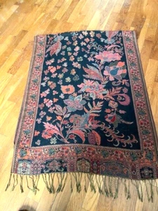 Vintage gewebter Schal Halstuch Stola orange, grün & schwarz ~ 28"x 66" Knoten. Fransenschal - Bild 1 von 2