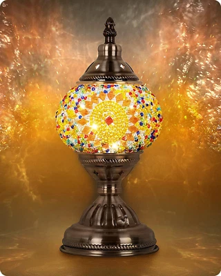 Turkish Moroccan Lamp w/ Bronze Base, Handmade Tiffany Mosaic Glass Bedside Lamp - Image 1 of 4