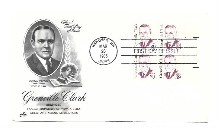 1867 39c Grenville Clark, ArtCraft  plate block, FDC - Image 1 of 1