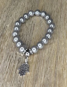 GREY PEARL Beaded Bracelet 7โ With Antique Silver Hamsa Hand + Free Gift๐ - Picture 1 of 1