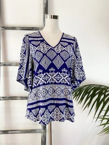 Veronika Maine Blue White Embroidered Flutter-Sleeve V-Neck Top - Size 14 - Picture 1 of 5