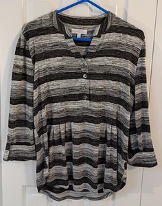 Damen grau*schwarz*gestreifter Pullover Pulli-Henley V-Ausschnitt-Stretch-LARGE-ND - Bild 1 von 4