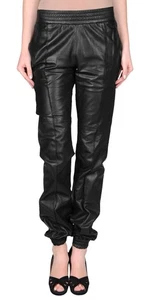 Pantalones de chándal de motociclista negros calce en la piel de cuero real genuino para mujer - Imagen 1 de 4