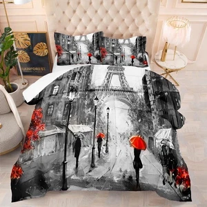 Paris Comforter Set Eiffel Tower Quilt French Style Red Umbrella - Picture 1 of 1