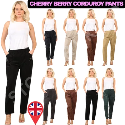 Women Corduroy Cherry Berry Trousers Elastic Waist Straight Leg Cord Velvet Pant - Image 1 of 3