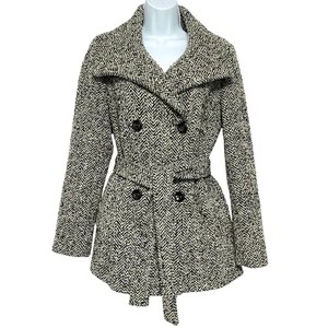 Calvin Klein Womens Wool Blend Peacoat Size 2 Black Herringbone Belted Jacket - Picture 1 of 17