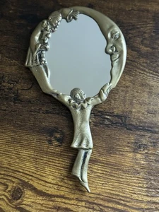 Vintage Solid Brass Pierrot Clowns Moon Stars Hand Held Vanity Mirror - Picture 1 of 7
