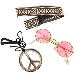 Kit Hippy Rosa y Dorado Años 70 Lindo Conjunto Accesorios Paquete Gafas Redondeadas - Imagen 1 de 5