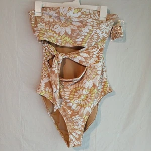 costume da bagno aerie Aeropostale grande lungo marrone bianco giallo foderato gamba alta nuovo con etichetta! - Foto 1 di 13
