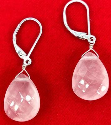 Pendientes Piedras Cuarzo Rosa Translúcido Tono Plata con Gota de 1 Pulgada Foto 1 de 4