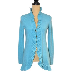 Magaschoni Kaschmir Strickjacke Gr.S Aqua Blau Rüschen Preppy Landhaus Lagenlook - Bild 1 von 9