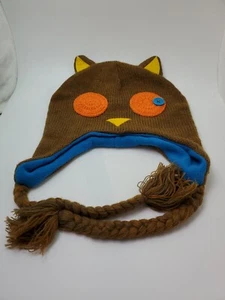 Arizona Knit Owl Face Beanie Hat Brown Felt Button Features One Size Preowned - Picture 1 of 6