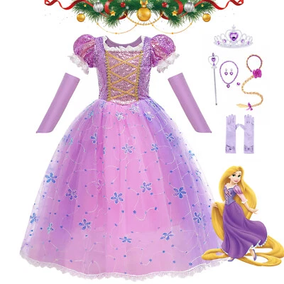 Princess Rapunzel Fancy Dress Up Sequins Costume Girls Kids Christmas Party Gift - Image 1 of 4
