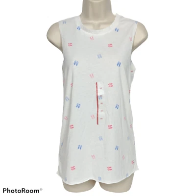 NUEVO CON ETIQUETAS Camiseta sin mangas Doe para mujer con estampado de chanclas XS Playa Verano Cuello barco sin mangas Foto 1 de 4