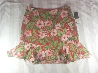 Jones New York 100% Silk Skirt Hawaiian Floral Print Flounce Hem Red Green 12P - Image 1 of 4