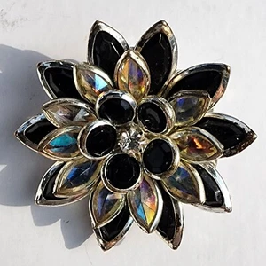 Broche prendedor vintage firmado AVON SH tono plata AB cristal negro estrás loto - Imagen 1 de 5