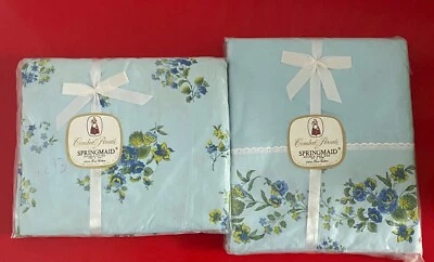 NOS SPRINGMAID 100% ALGODÓN FINO AZUL ENCAJE FLORAL Cama Doble PLANA, AJUSTADA, 2 FUNDAS Foto 1 de 4