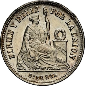 1875 Peru 1/5 Sol NGC UNC Silver Coin (Rim Damage) - Picture 1 of 4