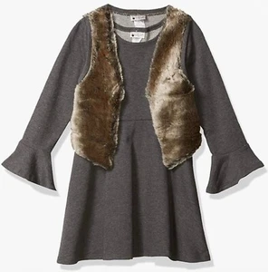New Girls 3 Piece Set Emily West Gray Knit Dress, Faux Fur Vest & Choker Size 7 - Picture 1 of 4