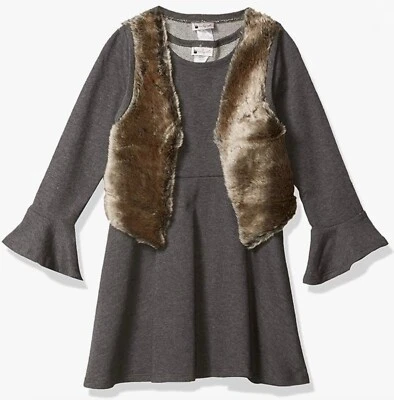 New Girls 3 Piece Set Emily West Gray Knit Dress, Faux Fur Vest & Choker Size 7 - Image 1 of 4