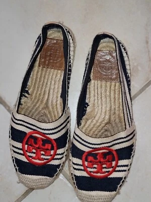 Tory Burch Laguna Palm Alpargatas Zapatos Planos Mujer’s 5 Azul Tostado Lona Logo Foto 1 de 2