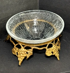 Vintage Crackle Glasschale mit Fuß Messing Ständer Trauben Design 4,25"h Schüssel 8,5"w - Bild 1 von 12