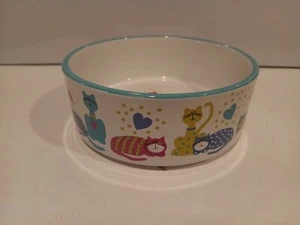 Whisker City Ceramic Cat Bowl. Teal Rim, Colorful, Cute! Dishwasher Safe! 5.25x2 - Picture 1 of 3
